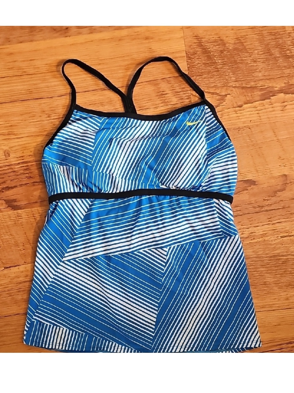 ❤️ Nike Women’s Tankini Swimsuit Top Blue and White Striped Black Trim Flaw (B5)